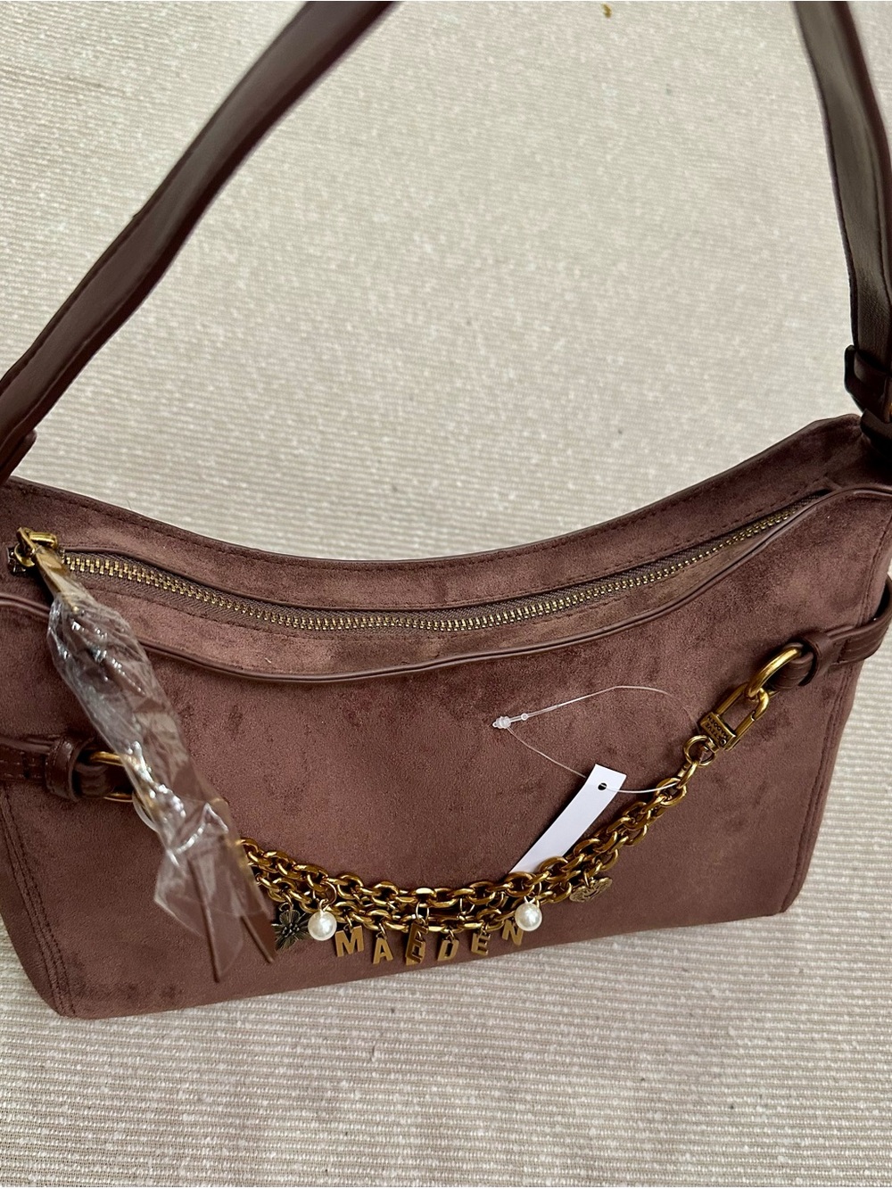 Steve Madden Brown Suede Women’s Shoulder Bag with Gold Charm Chain
